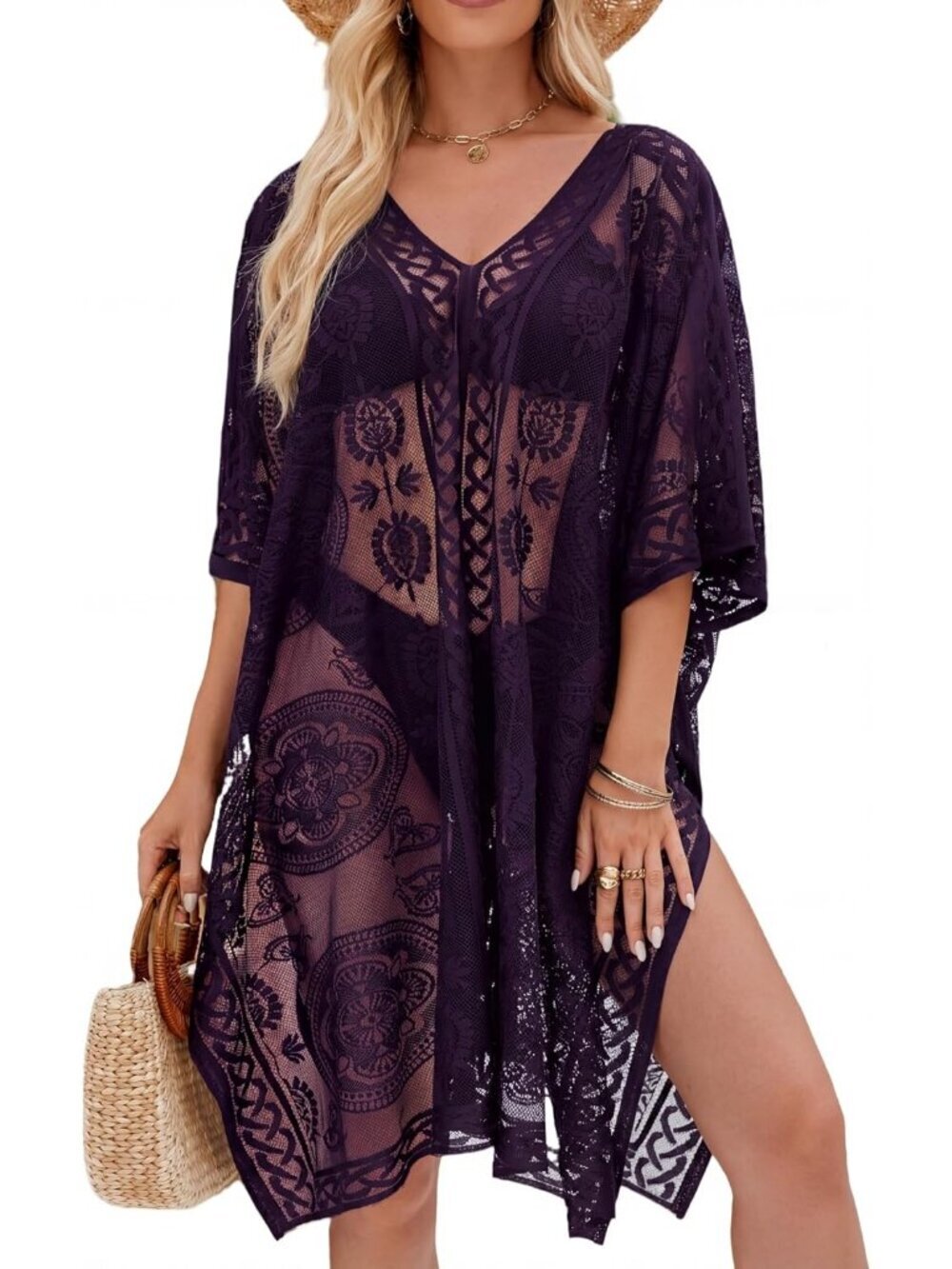 Womens Purple Boho Crochet Swimsuit Cover Up V Neck Loose Fit Beach Kaftan Dress